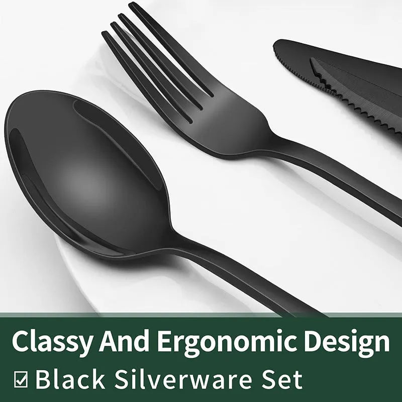 24-piece stainless steel tableware set in black, modern minimalist cutlery with mirror polish finish