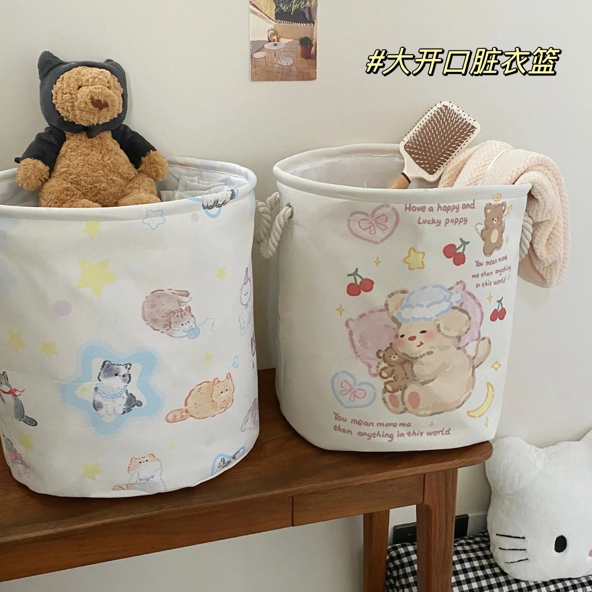 Foldable cotton laundry basket with bear design in modern simple style for bedroom storage