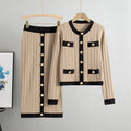 Women's viscose fibre knitted cardigan and skirt two-piece set in black with contrast colour pattern