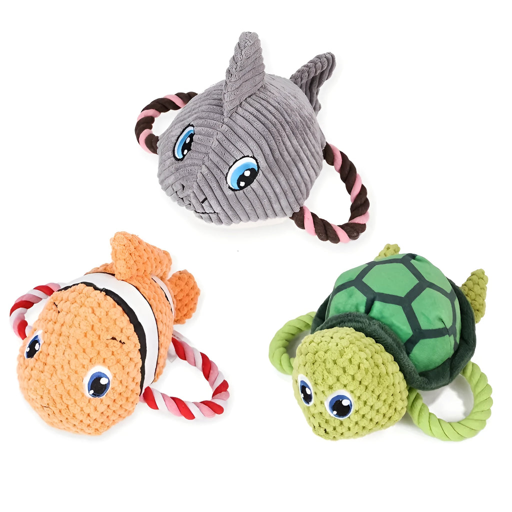 Grey turtle-shaped dog chew toy made with knotted rope and soft stuffing.