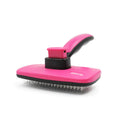 Rose red self-cleaning pet comb with stainless steel teeth and ergonomic handle for removing dog and cat hair