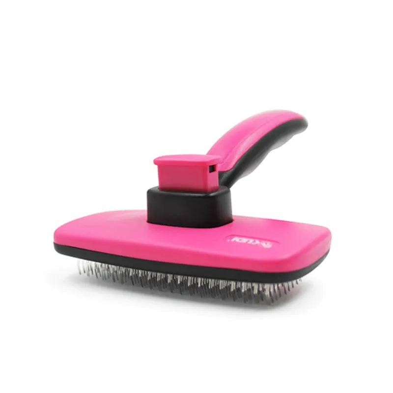 Rose red self-cleaning pet comb with stainless steel teeth and ergonomic handle for removing dog and cat hair