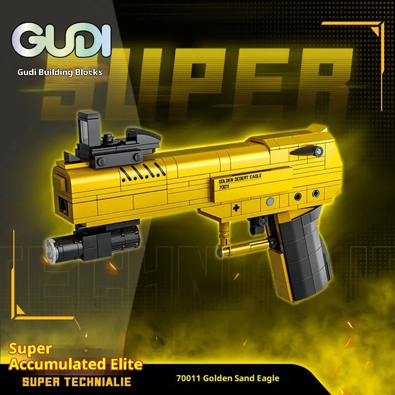 Golden Sand Eagle Gun M416 rifle model built from small particle plastic building blocks, colour box packaging