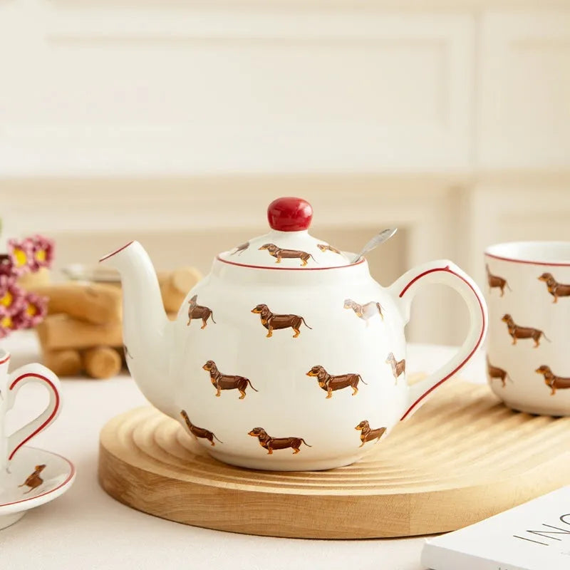 Ceramic pastoral sausage dog tea set with teapot mug and cup on saucer