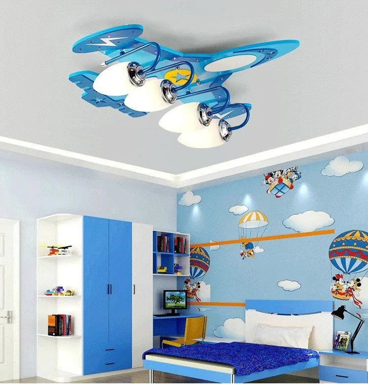 Wood art ceiling lamp with airplane cartoon design and rectangular glass shade for children's rooms