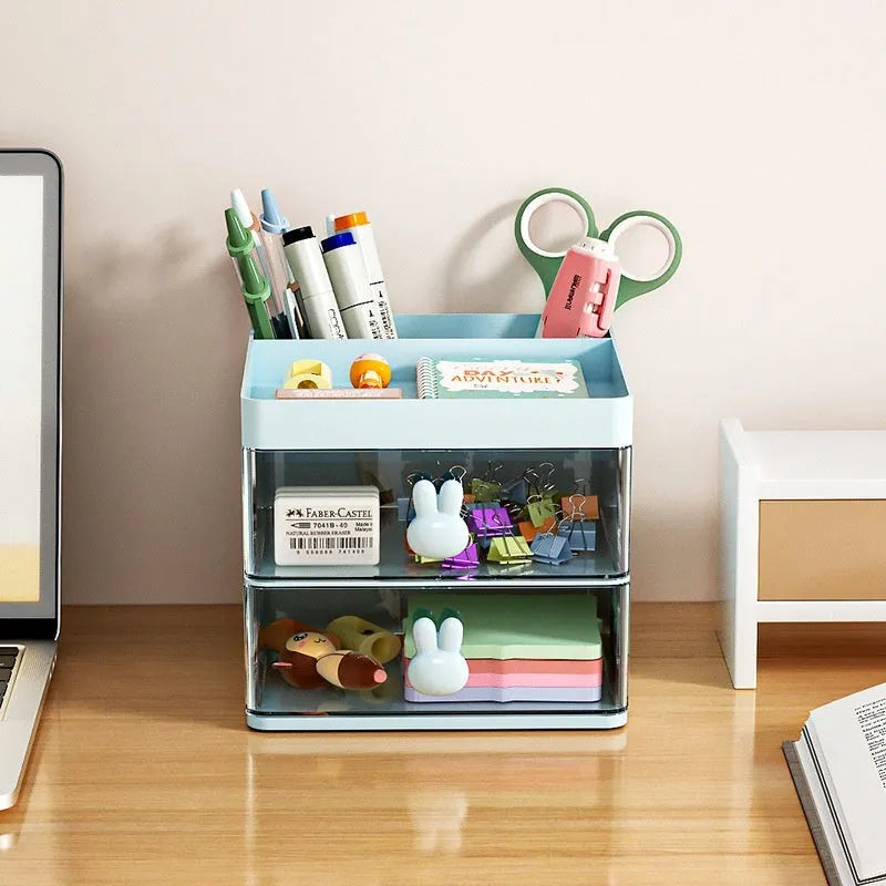 Transparent partitioned desktop storage box with drawer and internal grids in cherry blossom pink colour
