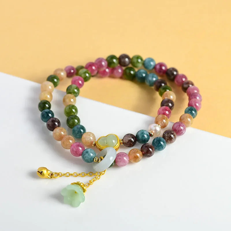 Chalcedony double circle bracelet with 6-6.5mm beads in a geometric design.