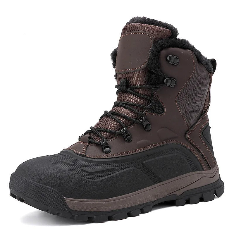 Men's black high-top fleece-lined winter boots with flat heel and lace-up front