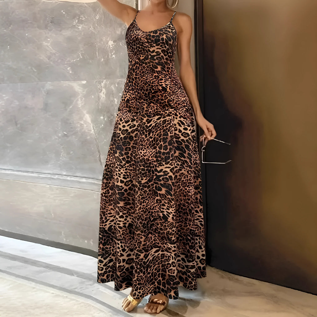 Dark brown leopard print sleeveless dress with round neck and loose-fitting long skirt.