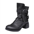Women's brown genuine leather retro ankle boots with a chunky heel and round toe