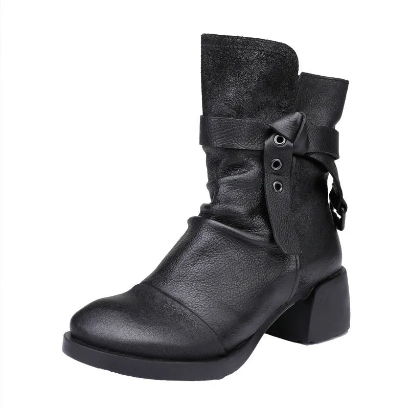 Women's brown genuine leather retro ankle boots with a chunky heel and round toe
