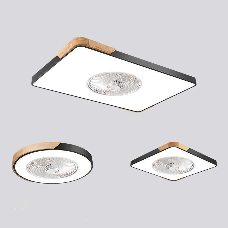 Nordic ceiling fan with integrated light fixture in solid wood, showing rectangular, round, and square shape options.
