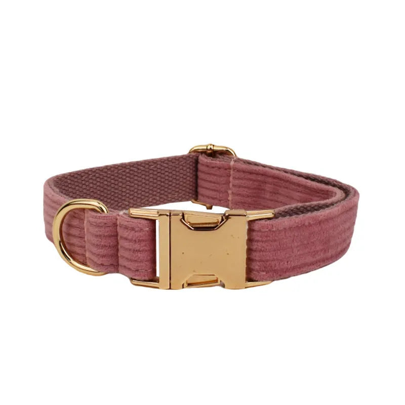Red corduroy dog collar and leash set with matching vest, poop bag, and decorative bow for small to XL dogs