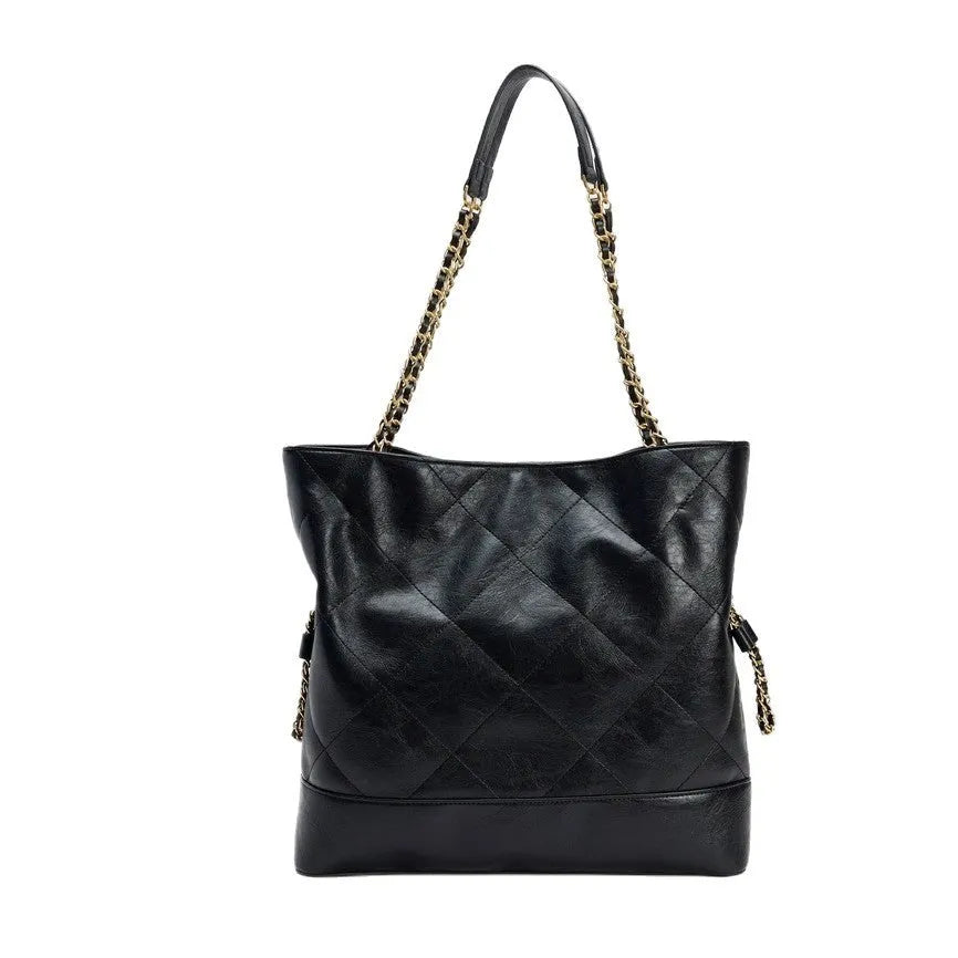 Large black PU shoulder handbag with diamond chain, vertical square shape, and double joint straps