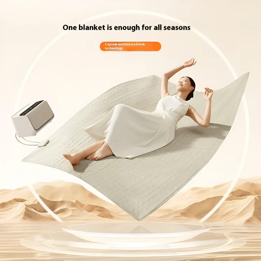 Aideng white electric water blanket with capsule design shown in two bed sizes