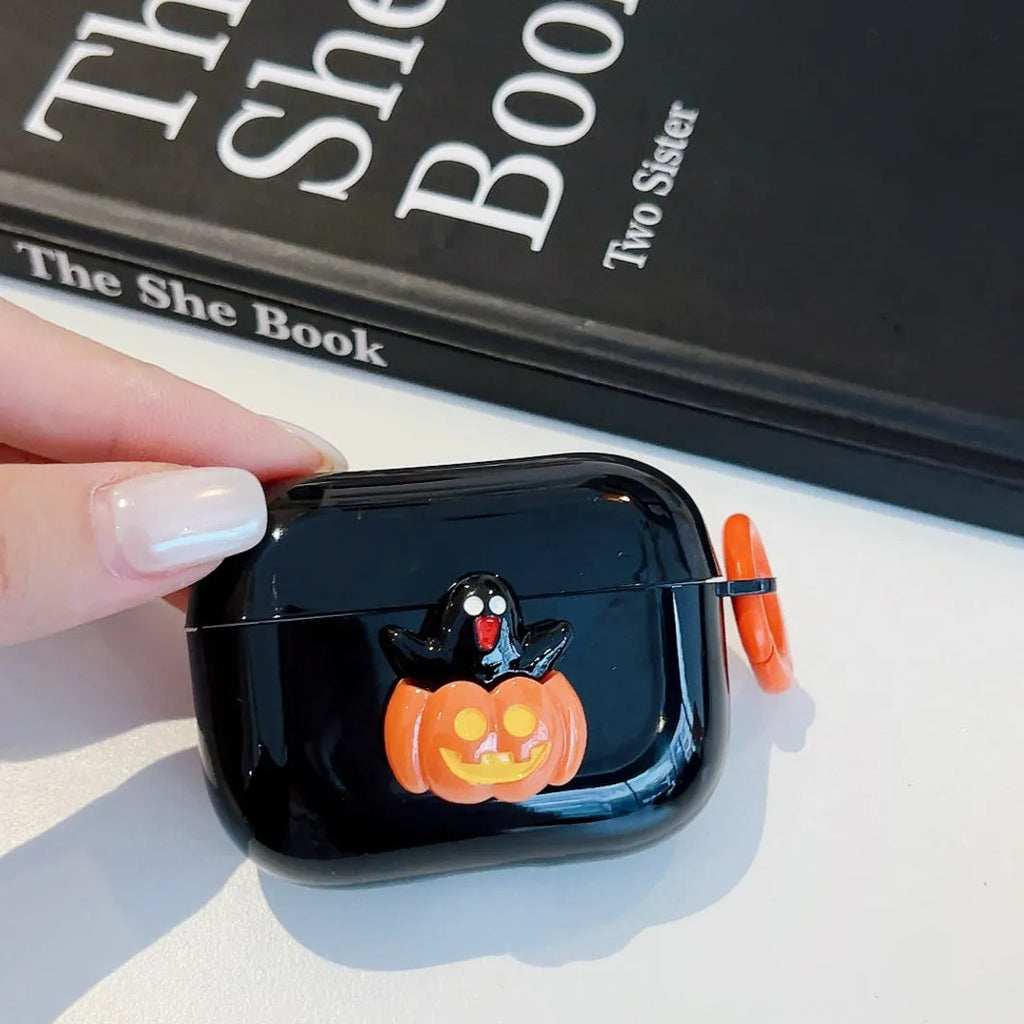 Halloween TPU earbuds case for AirPods with ghost pumpkin design, showing all-inclusive fit over charging case