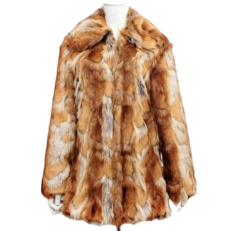Women's slim-fit faux fur jacket with a full tiger pattern print, showing long sleeves and a medium length.