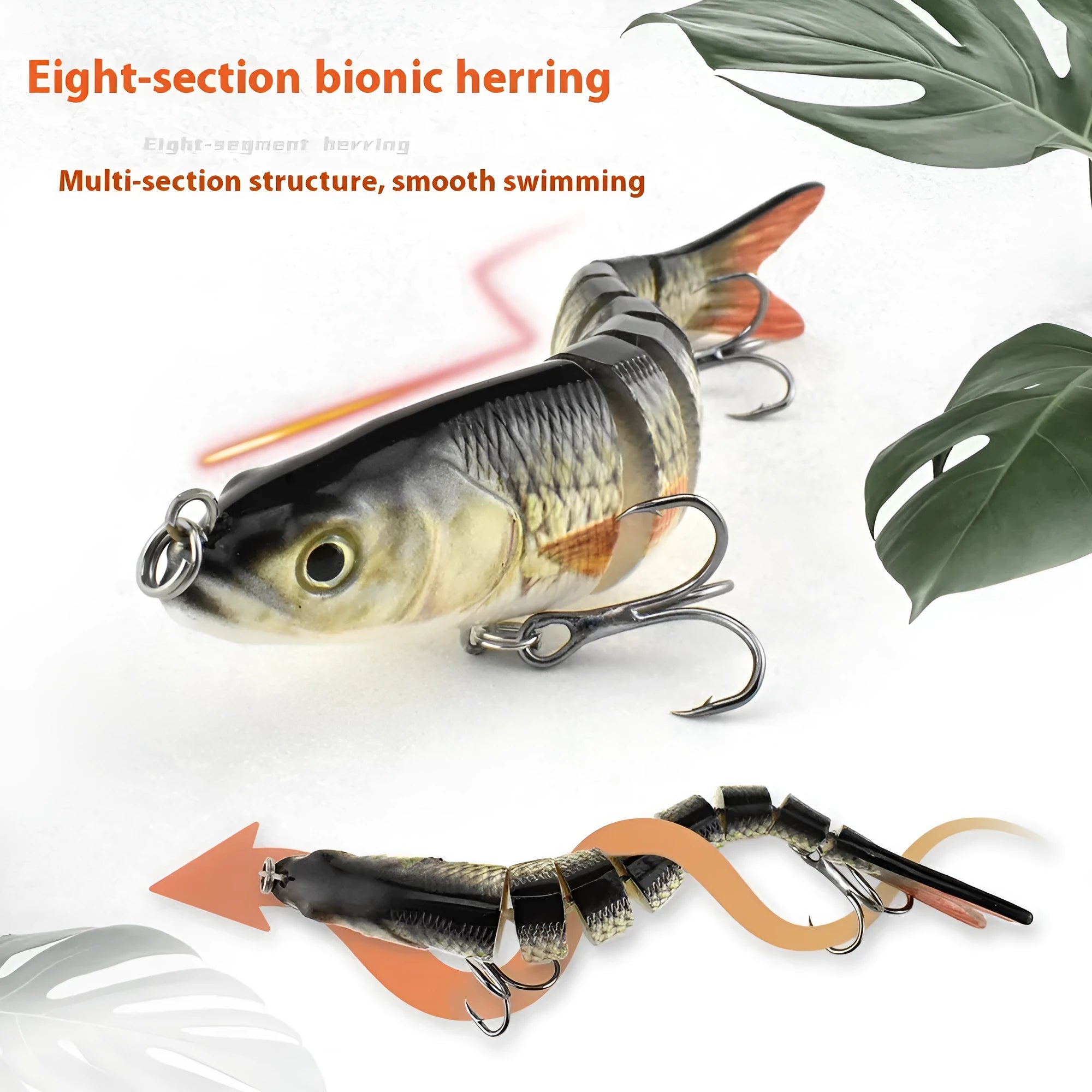 Hard plastic fishing bait lure showing bionic fish design, 133mm long, with colour options and storage box.