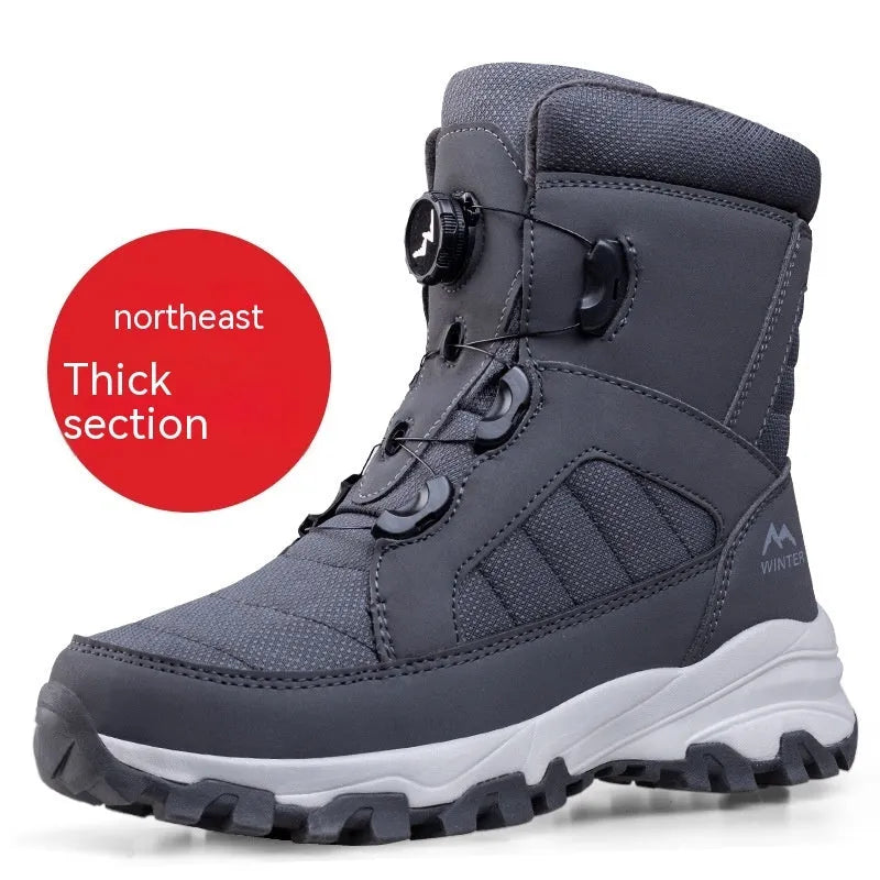 Solid colour fleece-lined button snow boots with Oxford cloth upper and non-slip rubber outsole, black men's boot side view