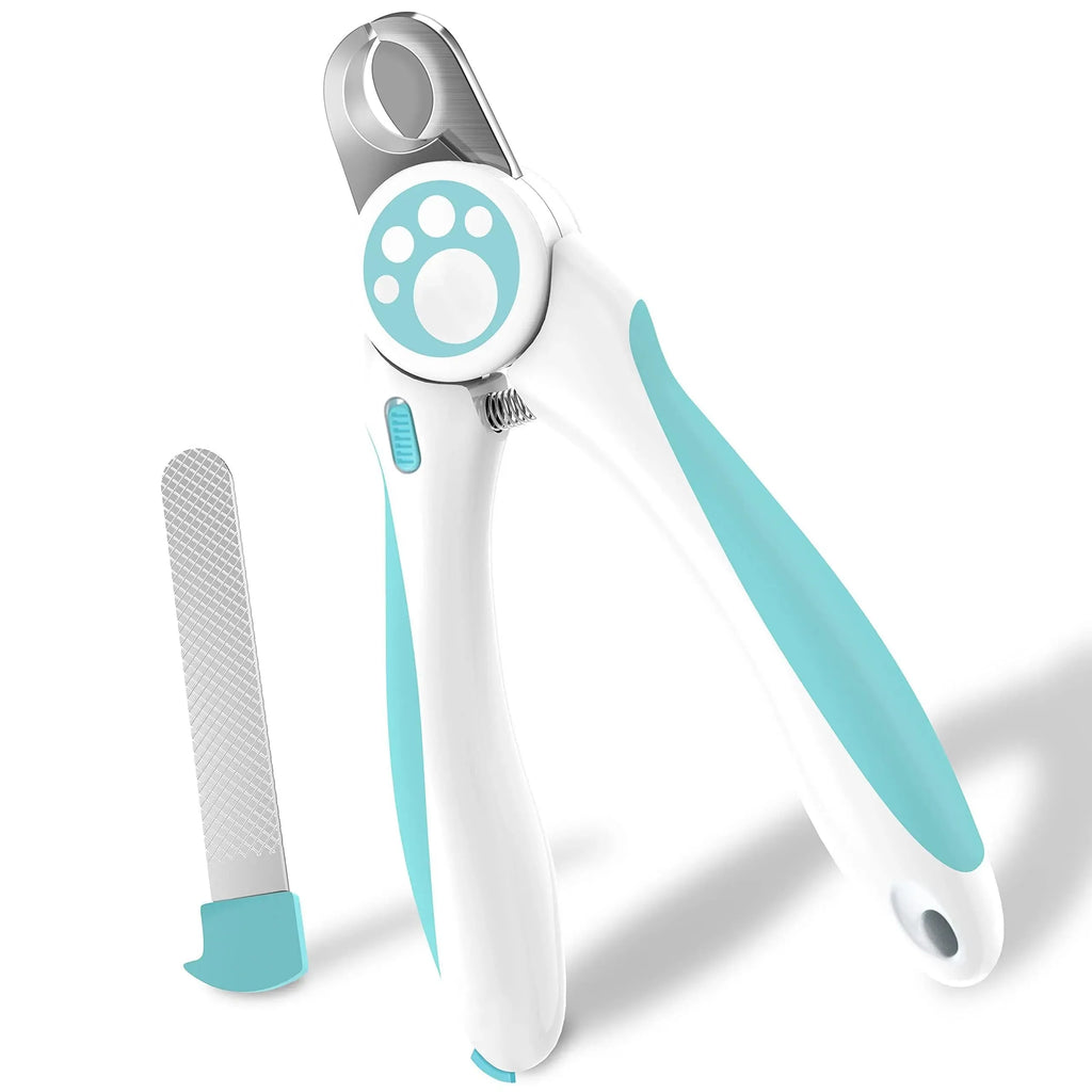 Blue and white pet nail clipper with stainless steel blades and safety stop for dogs and cats