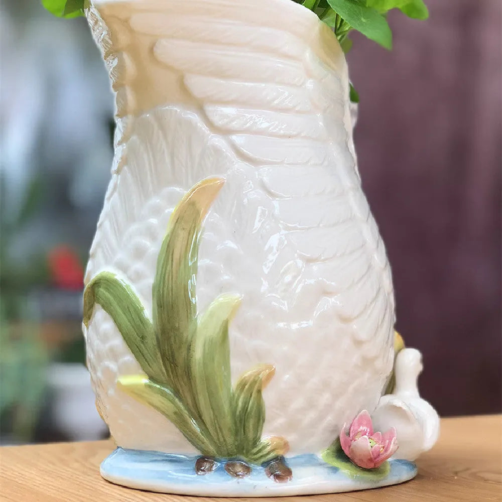 Pastoral style ceramic swan vase with embossed effect, 24.1 cm x 15.2 cm x 20 cm, in picture colour
