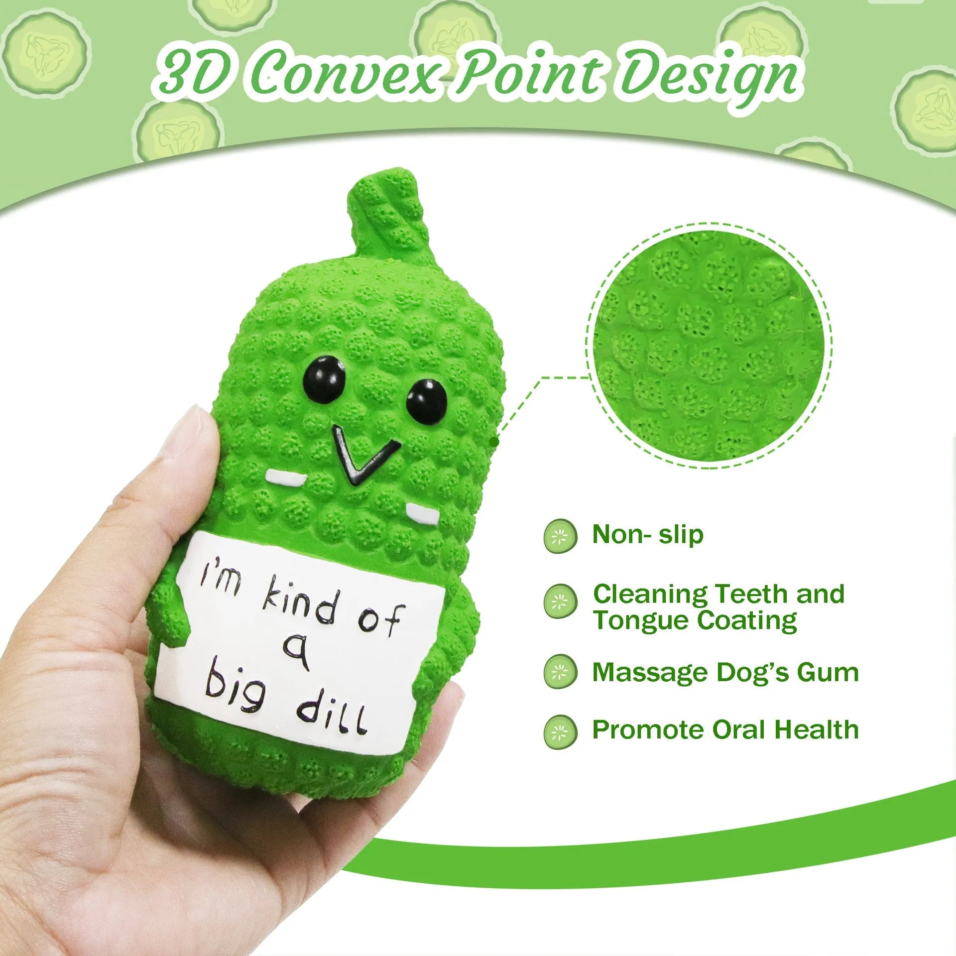 Green latex pickle dog chew toy with textured surface and squeaker inside.