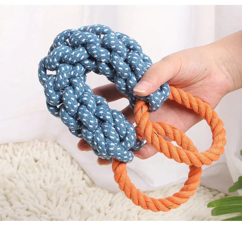 Blue double-ring braided cotton rope dog chew toy with bone shape and textured knots for dental cleaning