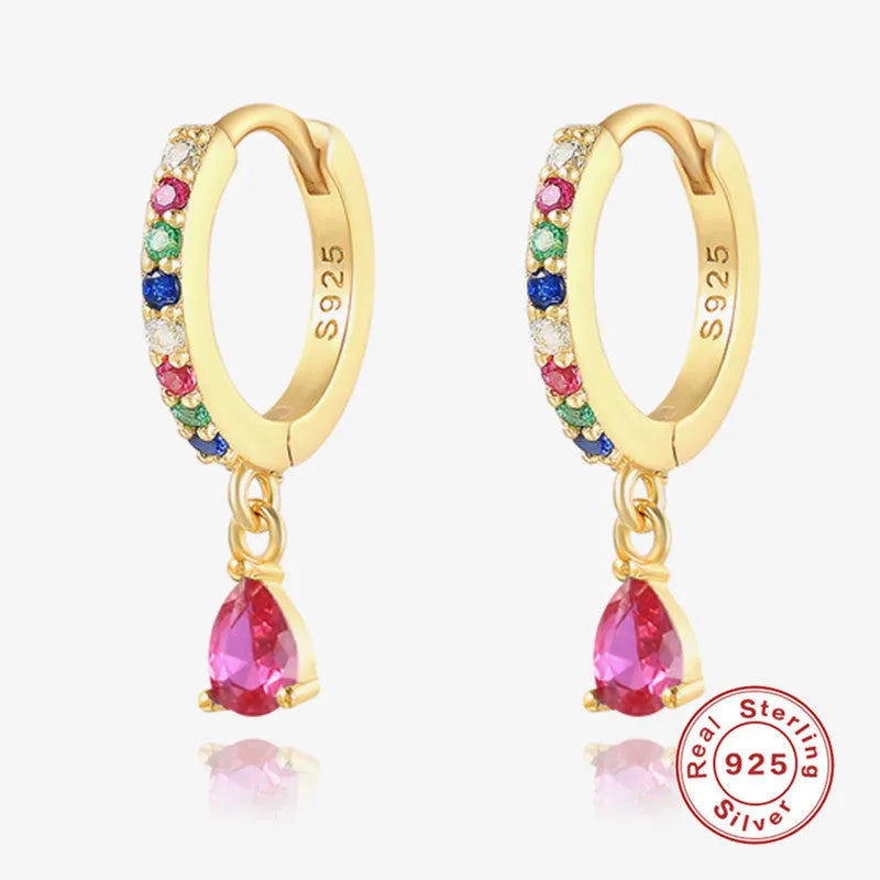 Geometric water drop sterling silver earring with a choice of gold or silver plating and decorative stone centre.