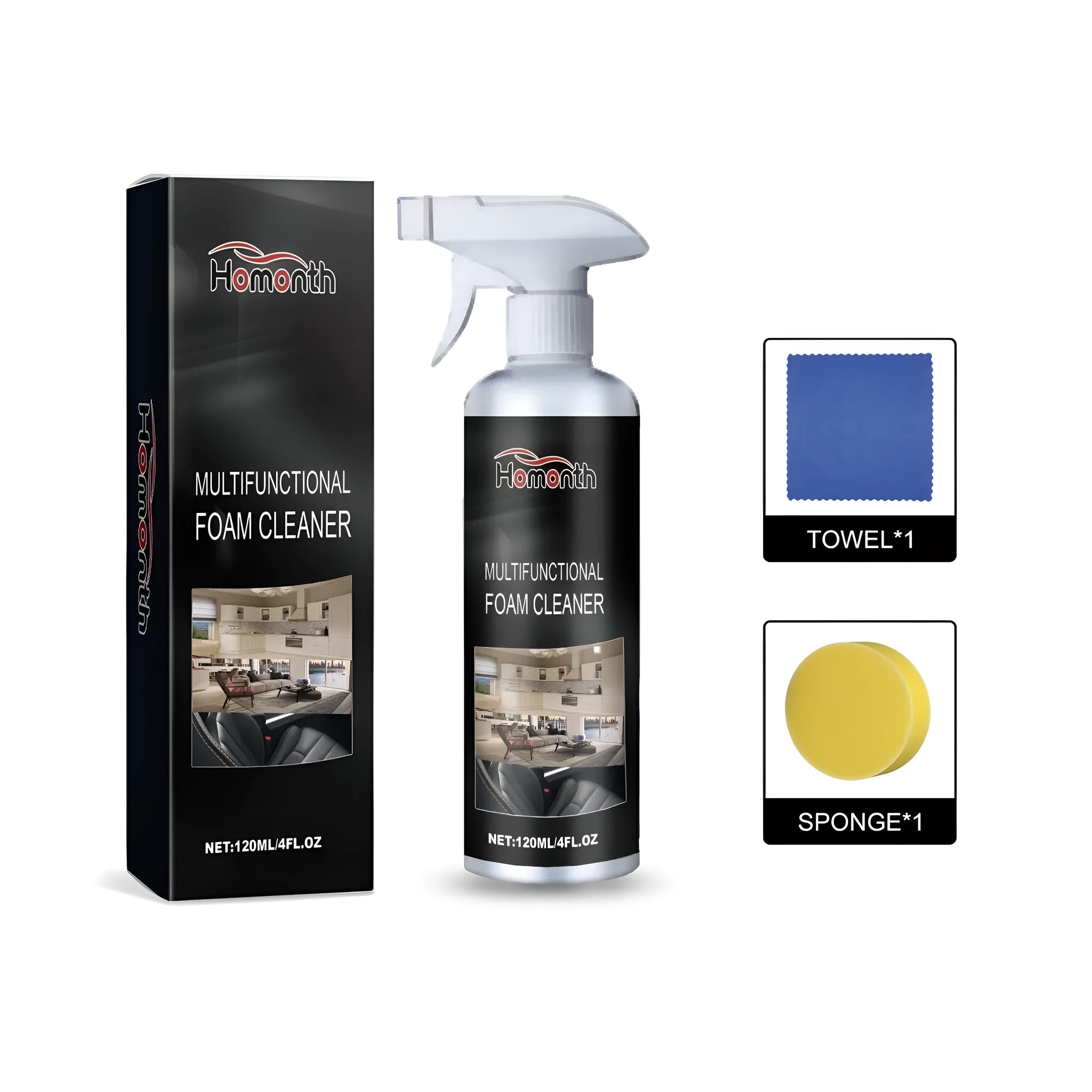 Multifunctional foam cleaner set with sponge, cloth, and remover on a surface for household cleaning