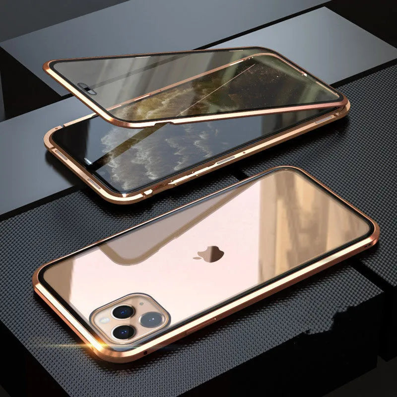 Geometric patterned glass anti-spy clamshell case for iPhone in multiple colours.