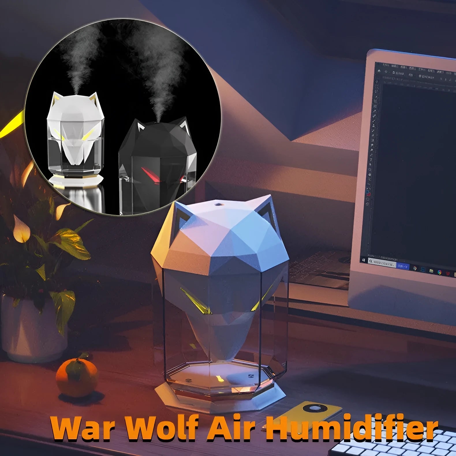 War Wolf black or white ultrasonic desktop humidifier with colourful LED lights and USB cable