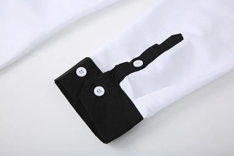 Men's white long-sleeve colour-blocked shirt with contrasting panels, front view