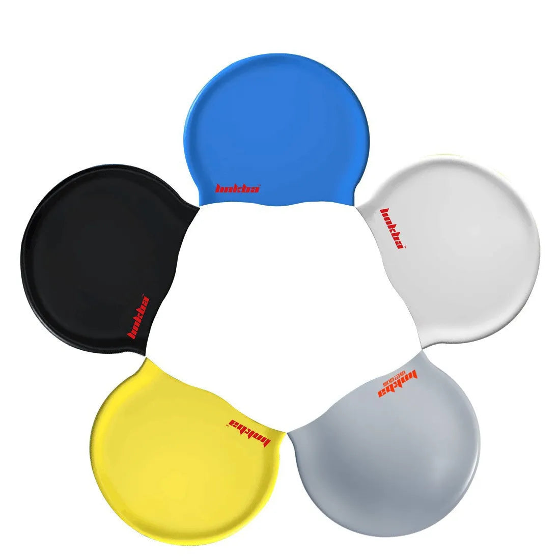 Silicone swimming cap with earmuff design in multiple colours featuring a printed letter pattern.