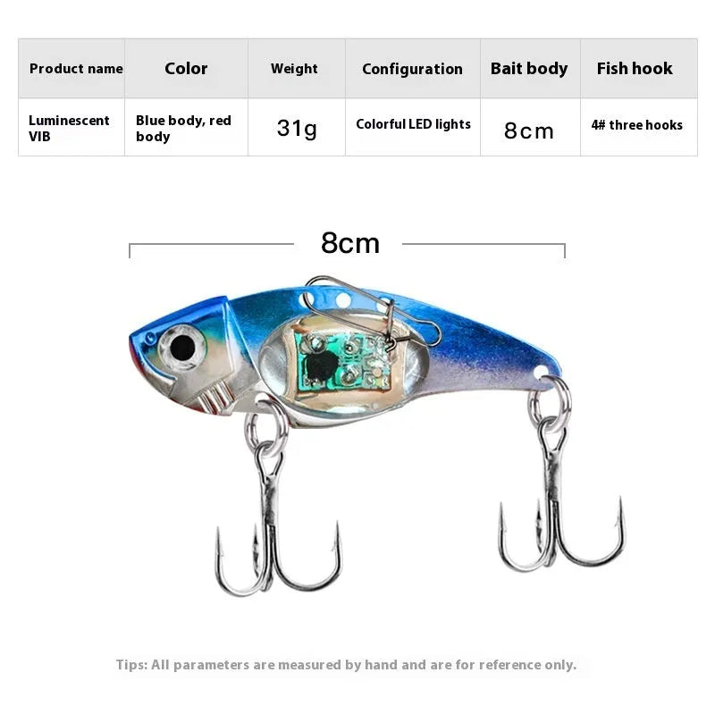 Electronic luminous metal vib fishing lure showing blue body and red body colour options