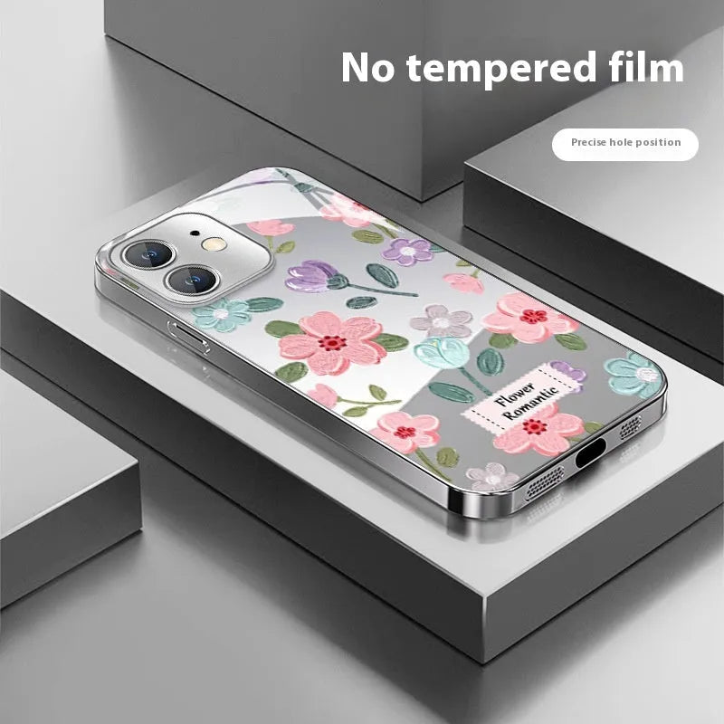 Ins oil painting flower mirror phone case in silver gray electroplated glass for Apple iPhone