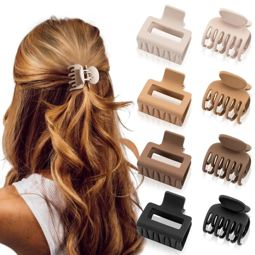 Six plastic hair clips with frosted grip texture and quadrilateral design in individual OPP bags