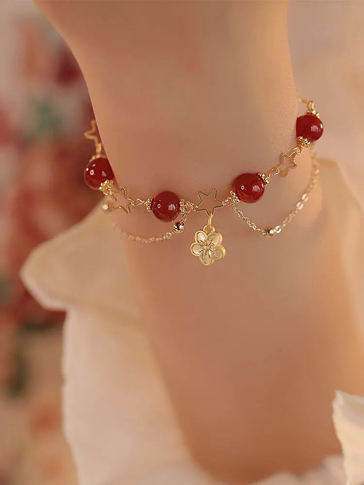 Women's red agate double layer bracelet with floral peach blossom ethnic designs