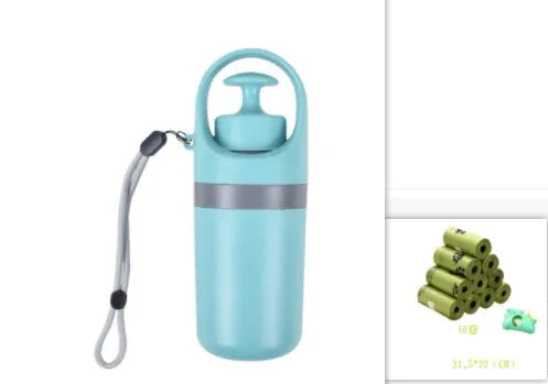 Blue portable dog pooper scooper with built-in bag dispenser and eight-claw shovel.