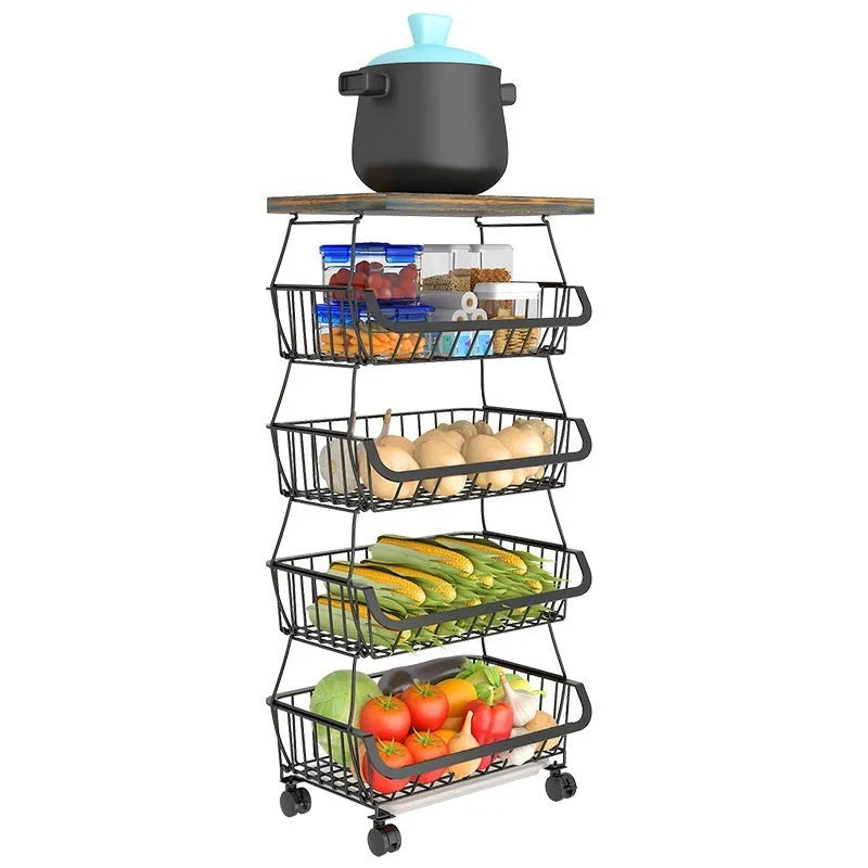 Black six layer foldable kitchen storage rack on wheels