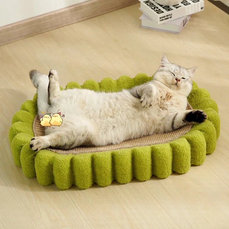 Green oval cat scratch pad bowl bed with sisal scratching surface