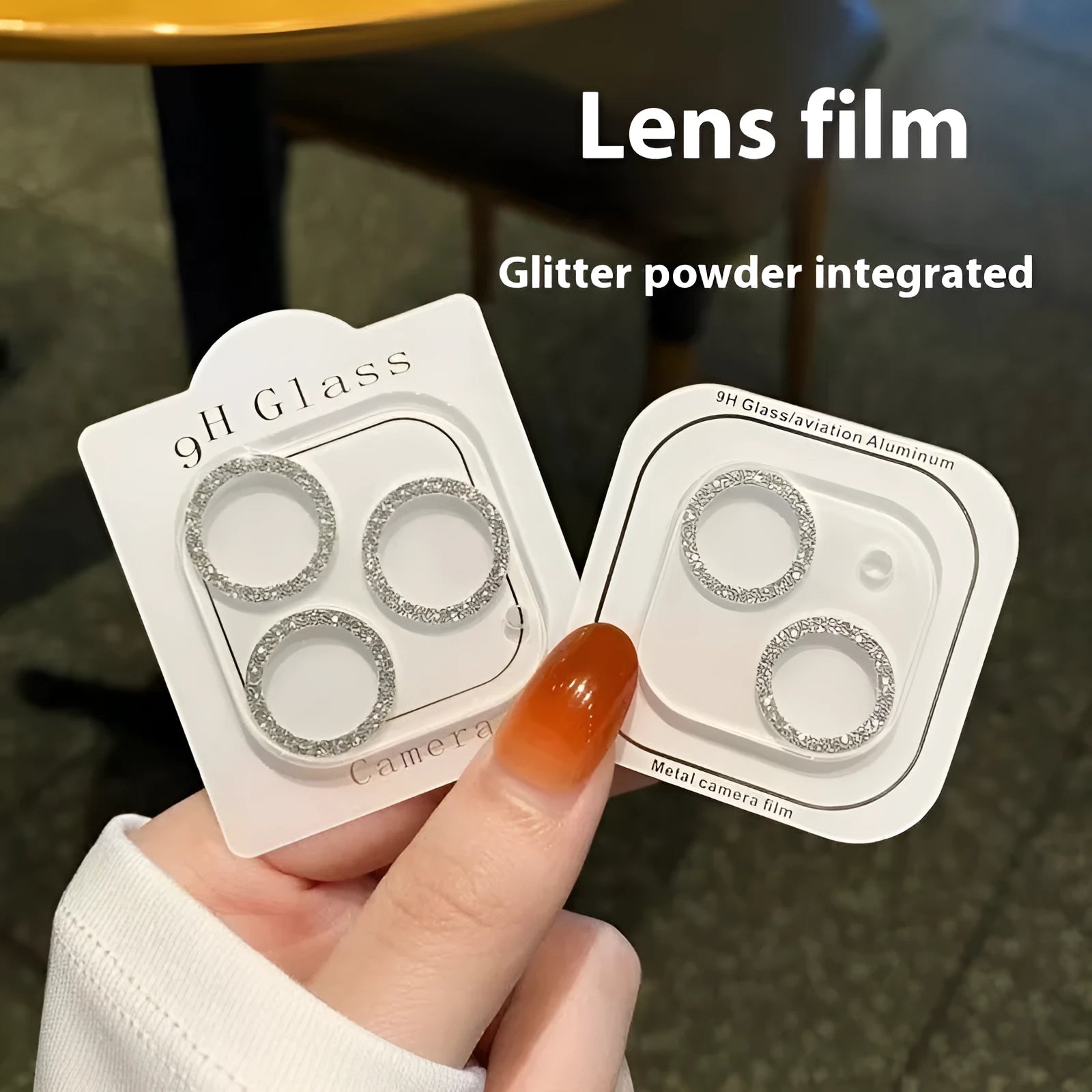 Tempered glass iPhone lens protector with integrated rhinestone glitter design in multiple colours