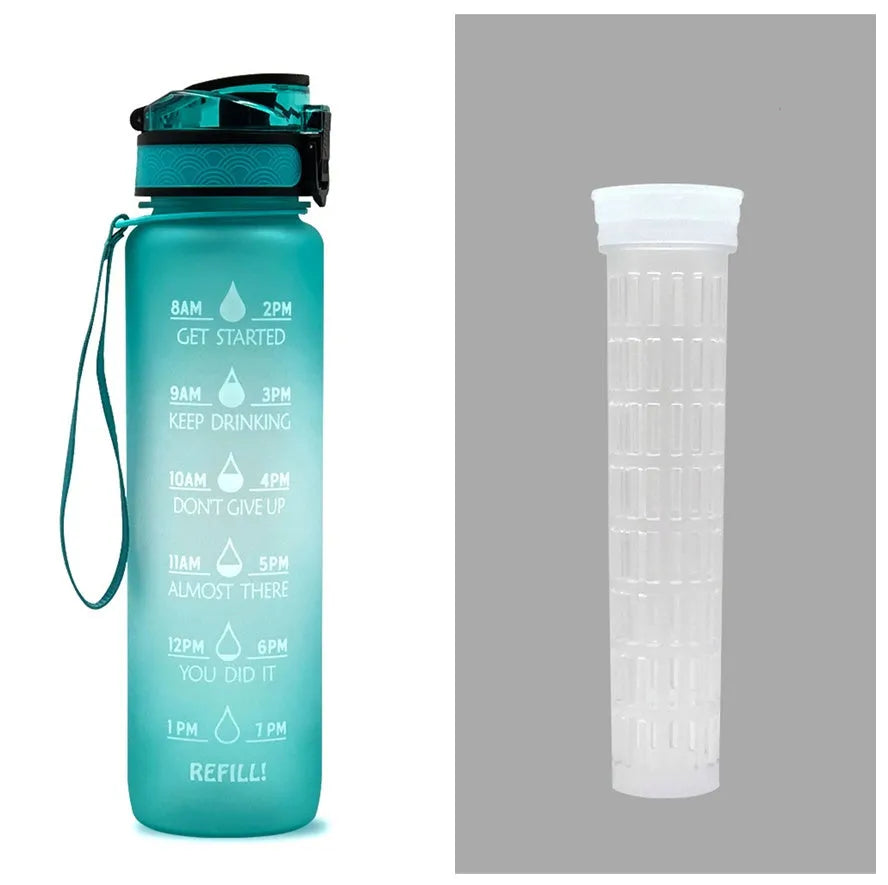 1L Tritan sports water bottle with time markers and flip-top lid in blue-red gradient colour