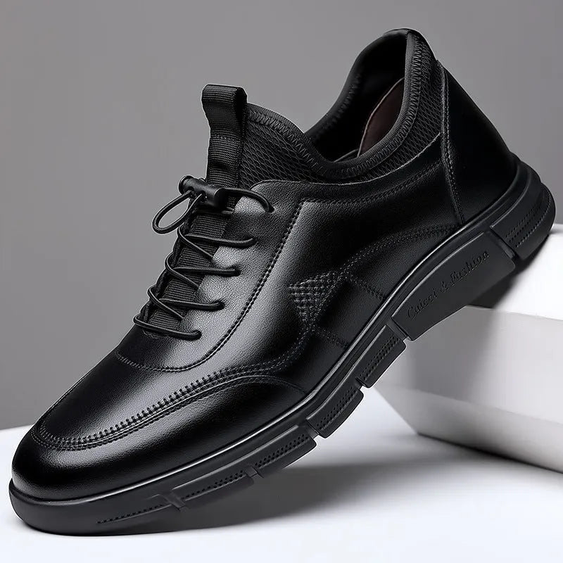 Men's black casual leather shoes with low square heel and round toe design