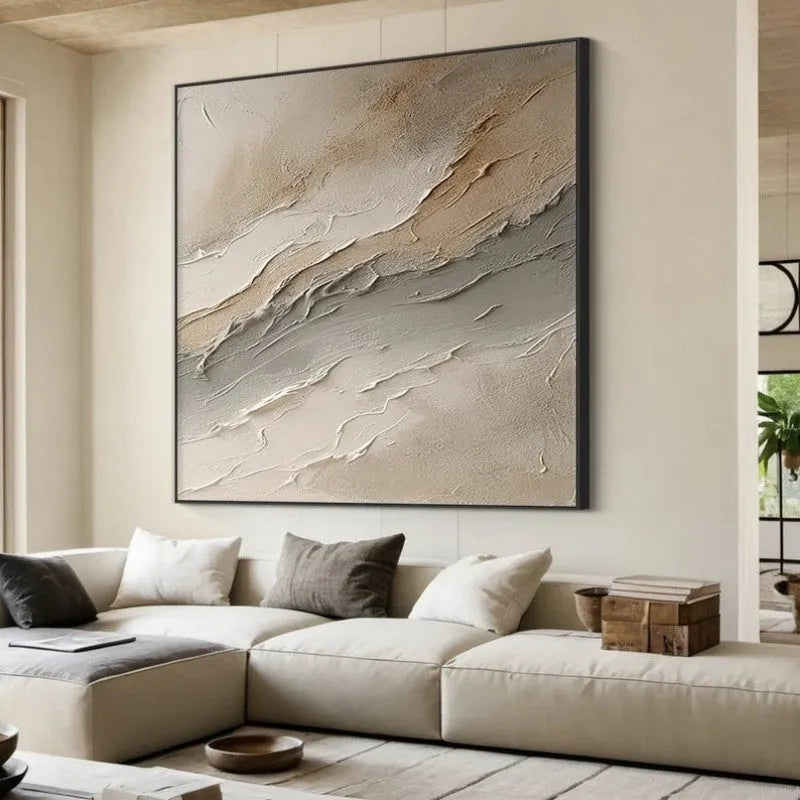 Hand-painted beige grey abstract oil painting on rolled unframed canvas for living room wall decor