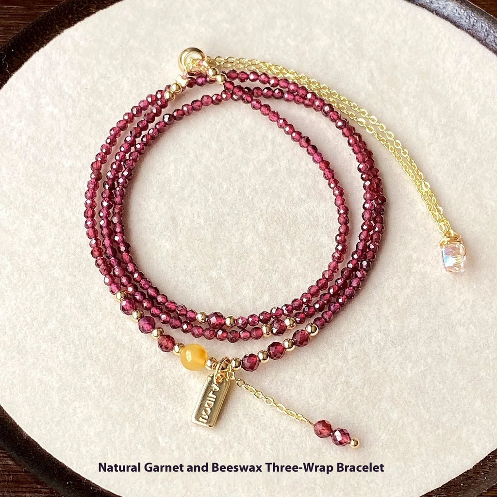 Wine red garnet three circle bracelet and necklace set with 2.5mm electroplated beads