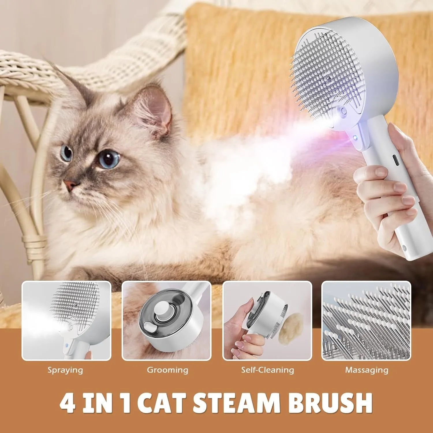 Pink and white cat grooming brush with water tank, stainless steel bristles, and mist spray function