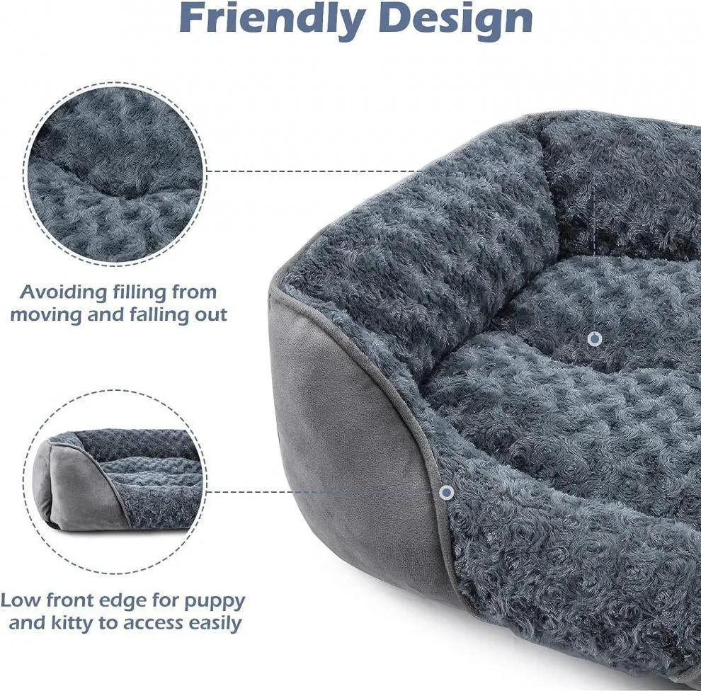 Golden retriever print plush pet kennel bed with raised sides, shown in beige colour.