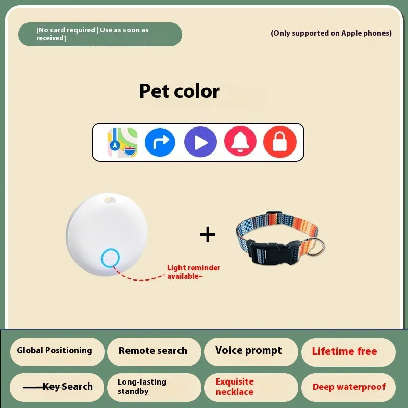 GPS pet tracker device attached to dog collar with mobile app showing location tracking