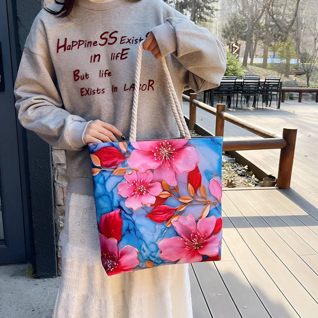 Horizontal square cotton linen shoulder bag with double straps and open front pocket