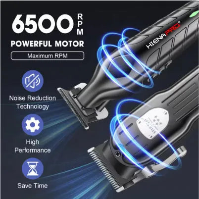 Black professional hair clipper set with USB charging port and LED display showing battery status